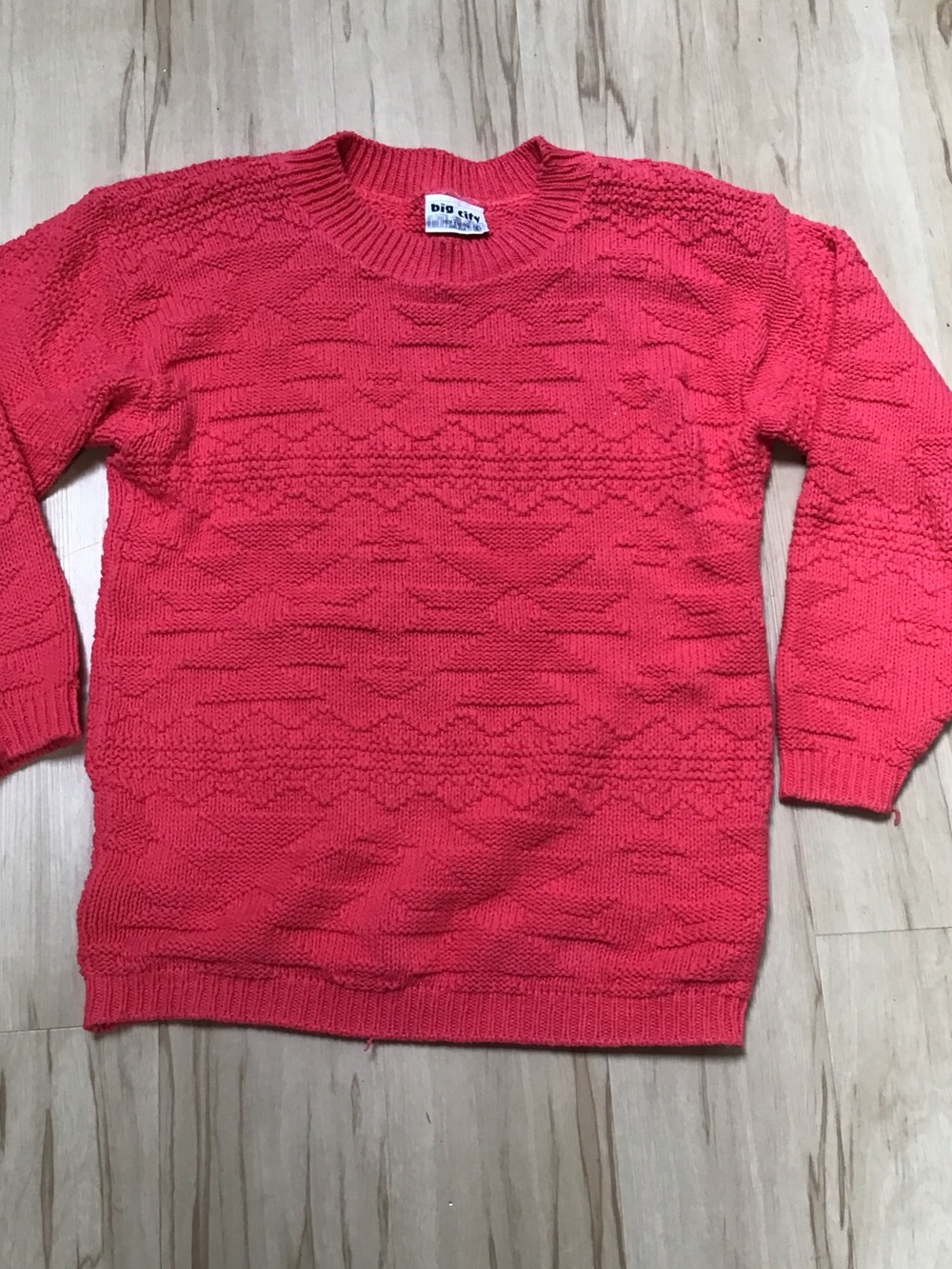 Vintage Big City Men's Coral Pink 100% Cotton Crewneck Aztec Textured Sweater